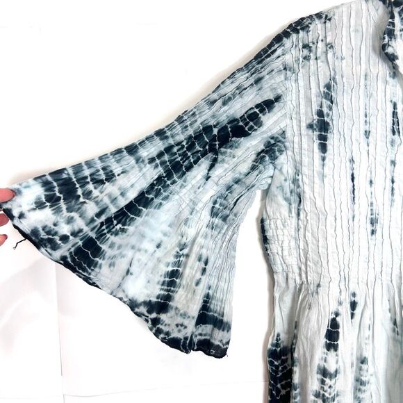 Soft Surroundings Marbella Dress XL Blue Navy Pintuck Ruffle Cotton Tie Dye boho - Picture 5 of 12